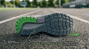 A top-down view illustration of the wide midfoot platform and stable outsole footprint of a men's motion control running shoe.
