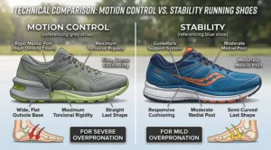 Anatomy diagram of a men stability running shoe pointing out the medial post and guide rails used to correct mild overpronation.