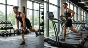 A fitness enthusiast practicing cross-training and treadmill running in versatile men's barefoot gym and running shoes.