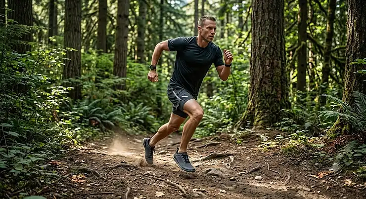 An athlete wearing men's barefoot trail running shoes while sprinting on a rugged dirt path through an American forest. minimalist running shoes for men