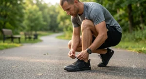 A male athlete tying the laces of his sleek black minimalist running shoes before starting a daily casual run.