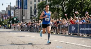 An athlete wearing max cushion shoes for men long distance road racing during a marathon.