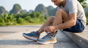 An athletic man lacing up maximalist cushioned running shoes featuring stable arch support for knee protection.