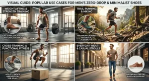 Visual guide showing popular use cases for men's zero drop and minimalist shoes, including weightlifting, trail running, and everyday wear.