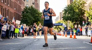 A runner competing in a marathon wearing low-profile men's minimalist running shoes on an urban asphalt street.