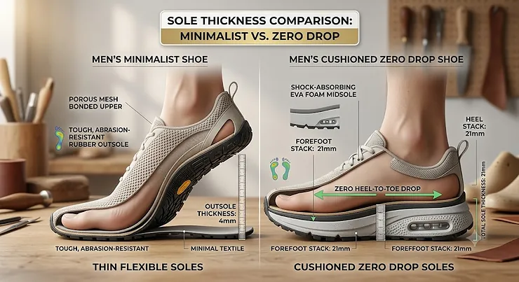 Cross-section diagram comparing thin flexible soles on minimalist shoes with cushioned zero drop soles for men. minimalist vs zero drop shoes men