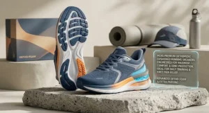 A product showcase of premium men's cushioned running shoes with extra padding, ideal for daily training with knee pain.