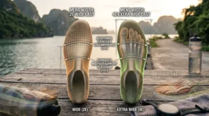 A visual width guide illustration comparing standard, 2E wide, and 4E extra-wide fits for men's stability running footwear.