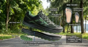 Diagram detailing the wide toe box and flat cushioned midsole of zero drop running shoes for men.