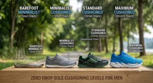 Comparison graphic of barefoot minimalist soles versus maximum cushioning in zero drop running shoes for men.