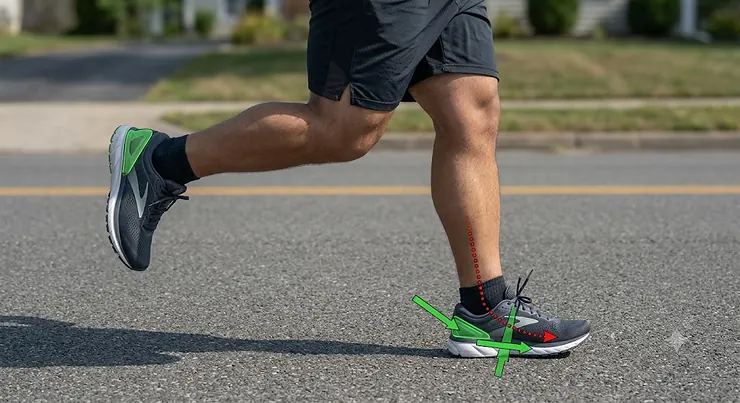 A side view diagram of motion control running shoes stabilizing a heavy male runner's foot to prevent overpronation on a paved road.