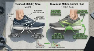 A comparison chart illustrating the structural differences between standard stability shoes and maximum motion control shoes for big men.