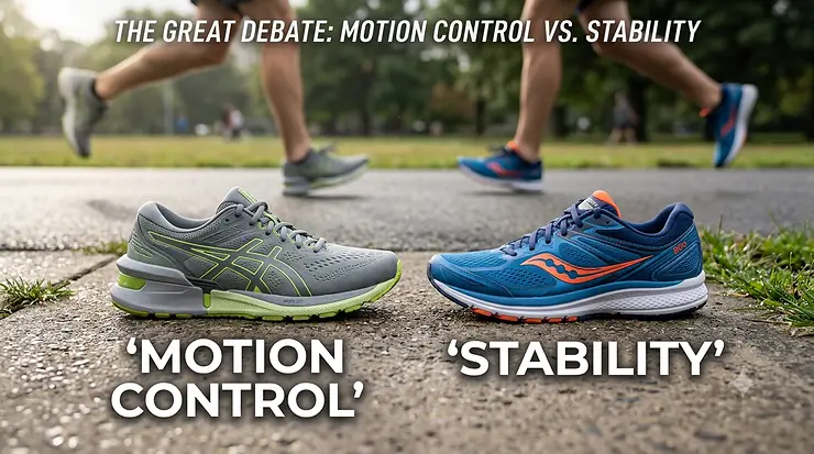 Side-by-side comparison of men running in motion control vs stability running shoes to highlight the differences in midsole support. motion control vs stability running shoes men