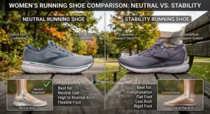 Comparison graphic showing the difference between neutral running shoes and stability shoes for women
