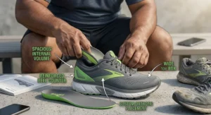 An illustration of a heavy male runner inserting a custom orthotic insole into a spacious, wide width motion control running shoe.