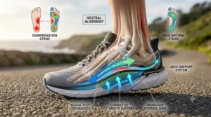 Diagram comparing a neutral gait with corrected overpronation using a men's stability running shoe.