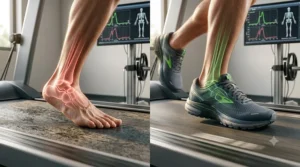 Gait analysis illustration showing severe overpronation and neutral foot alignment during a run, demonstrating the need for motion control running shoes for men.