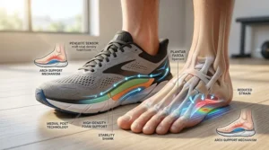 Illustration showing how a men's stability running shoe supports the high arch and prevents stretching of the plantar fascia.
