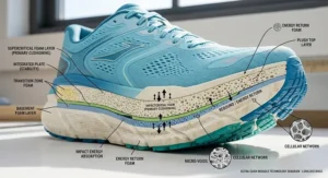 Close-up diagram illustrating the plush foam midsole technology in men's long distance running shoes.