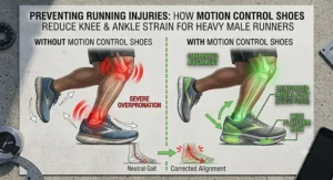 An infographic showing how motion control shoes reduce knee and ankle strain for heavy male runners during daily workouts.