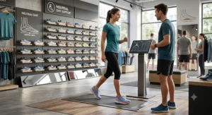Woman trying on properly fitted neutral gait running shoes in a specialty running store