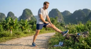 An active male runner stretching his hamstrings next to a trail wearing protective cushioned running sneakers.