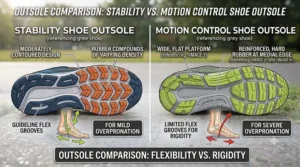 Hands flexing a stiff motion control sneaker versus a moderately flexible stability shoe to demonstrate torsional rigidity differences.
