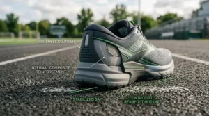 Technical illustration detailing the rigid heel counter and internal reinforcement in a men's motion control running shoe for rearfoot stability.