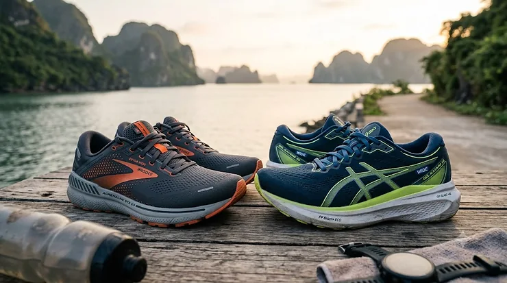 A pair of men's stability running shoes designed specifically for wide feet, showing the extra-wide toe box and supportive midsole. stability running shoes men wide feet