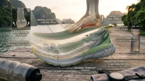 Illustration of a rigid external heel counter providing ankle stability in a men's wide running shoe.