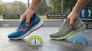Gait analysis graphic comparing a runner with mild overpronation needing stability shoes versus severe overpronation requiring motion control footwear.