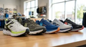 A lineup of top-rated max cushion running shoes for men in various popular colors, highlighting the trendy high-stack height design.
