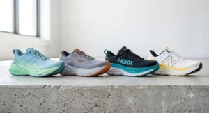 A lineup of the top-rated max cushion shoes for men long distance training displayed against a clean background.