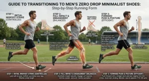 Step-by-step diagram illustrating proper running form and midfoot striking when transitioning to men's zero drop footwear.