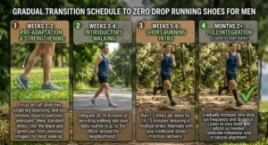 Infographic illustrating a gradual transition schedule for men adapting to zero drop running shoes.