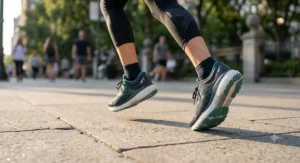 Female runner wearing neutral high-arch running shoes while jogging on an outdoor city sidewalk