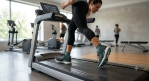 Woman testing cushioned neutral running shoes for high arches on a treadmill in a fitness studio