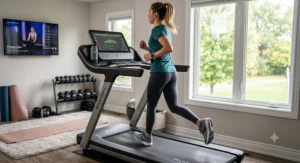 A female runner wearing flexible neutral running shoes while training on a treadmill