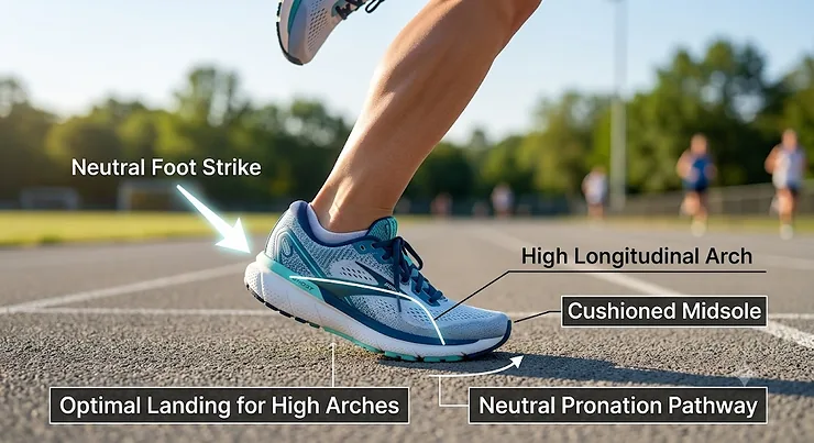 Diagram showing a female runner with high arches and a neutral foot strike landing smoothly on a cushioned midsole neutral running shoes for women with high arches
