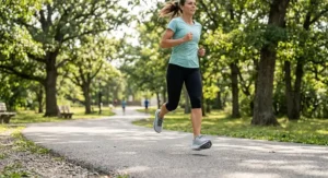Female runner wearing responsive neutral arch running sneakers on a paved park trail