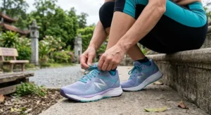 Female runner tying the laces of her budget-friendly neutral daily training running shoes