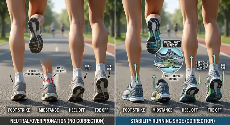 Illustration showing how stability running shoes for women correct overpronation during a running stride.