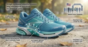 Illustration of high-cushion stability running shoes for women designed for marathon training and long runs.