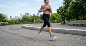 Woman wearing gray neutral road running shoes while jogging on a city asphalt path