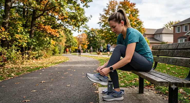 A beginner female runner tying the laces of her neutral running shoes on a suburban park path