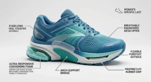 Detailed diagram highlighting the medial post, arch support, and cushioning in a womens stability running shoe.