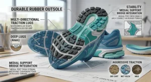 Illustration detailing the durable rubber outsole and traction lugs on stability running shoes for women.