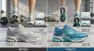 Side-by-side comparison illustrating structural differences between neutral and stability running shoes for women.