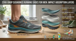 Visual breakdown showing impact absorption layers and foam cushioning in men's zero drop running sneakers.