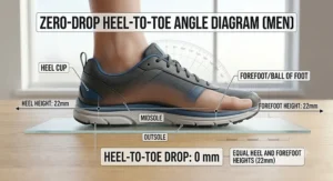 Graphic diagram showing a zero-millimeter heel-to-toe drop in men's footwear where the heel and forefoot sit at equal heights.